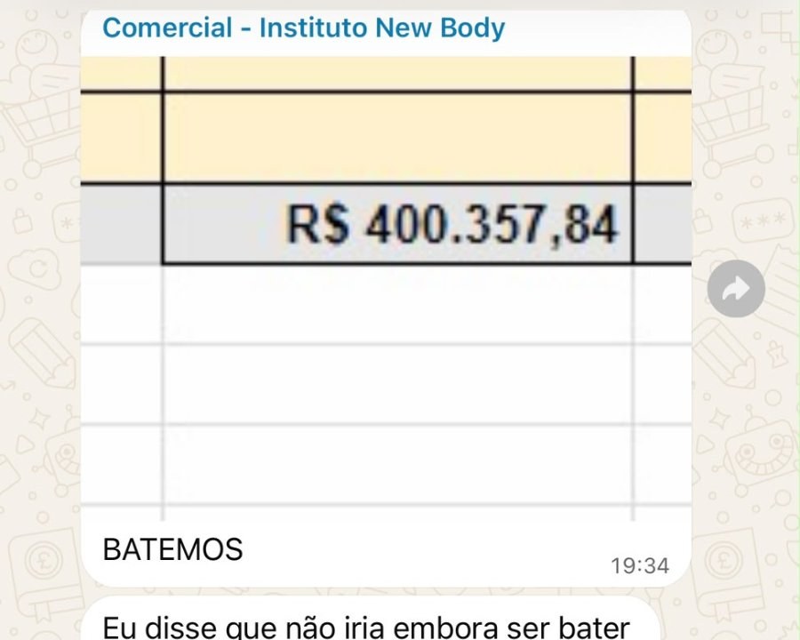 Planilha do grupo Comercial do Instituto New Body marcando R$ 400.357,84, com a mensagem “Batemos”