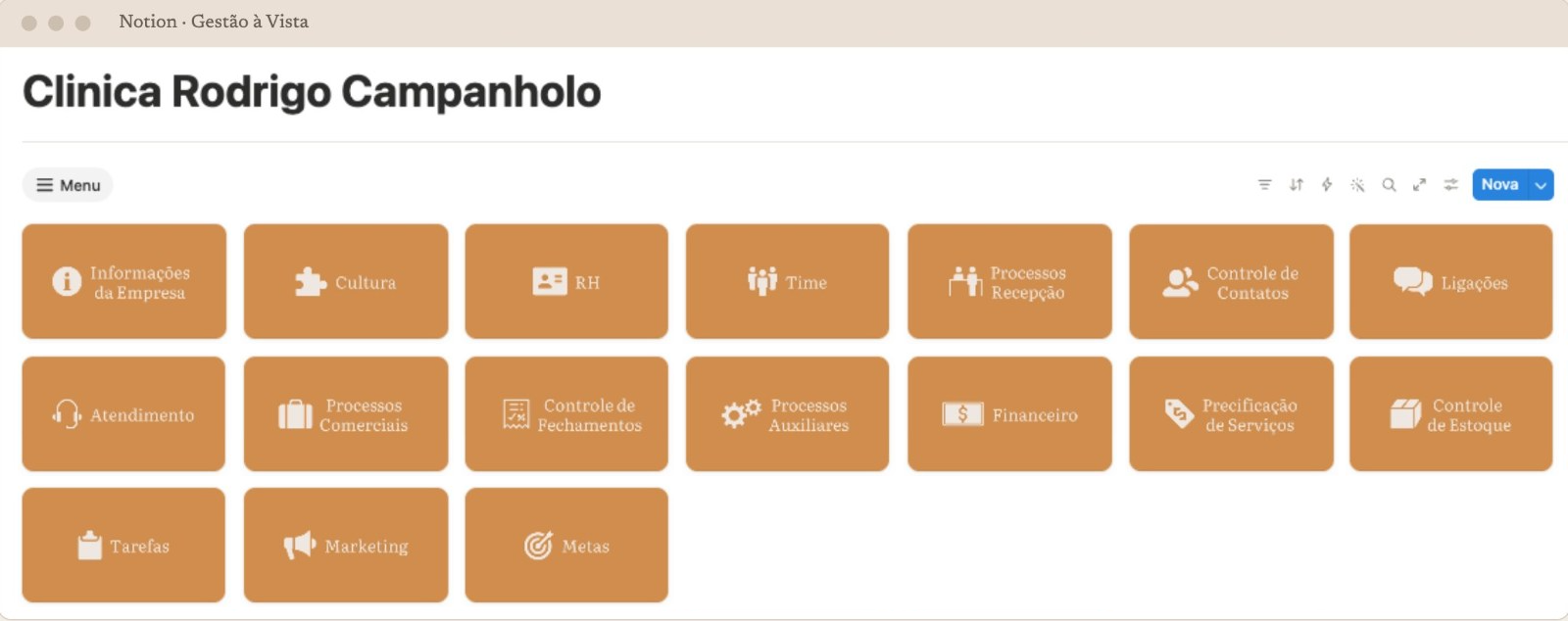 Painel do Gestão à Vista no Notion, com blocos para informações da empresa, cultura, RH, time, processos, financeiro, precificação, estoque, tarefas, marketing e metas